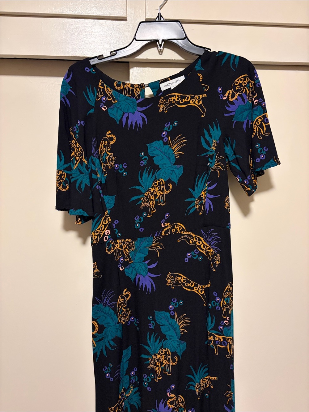 Emily and Fin  Black Midi Dress with Teal, Purple & Gold Leopard Print EUC Small